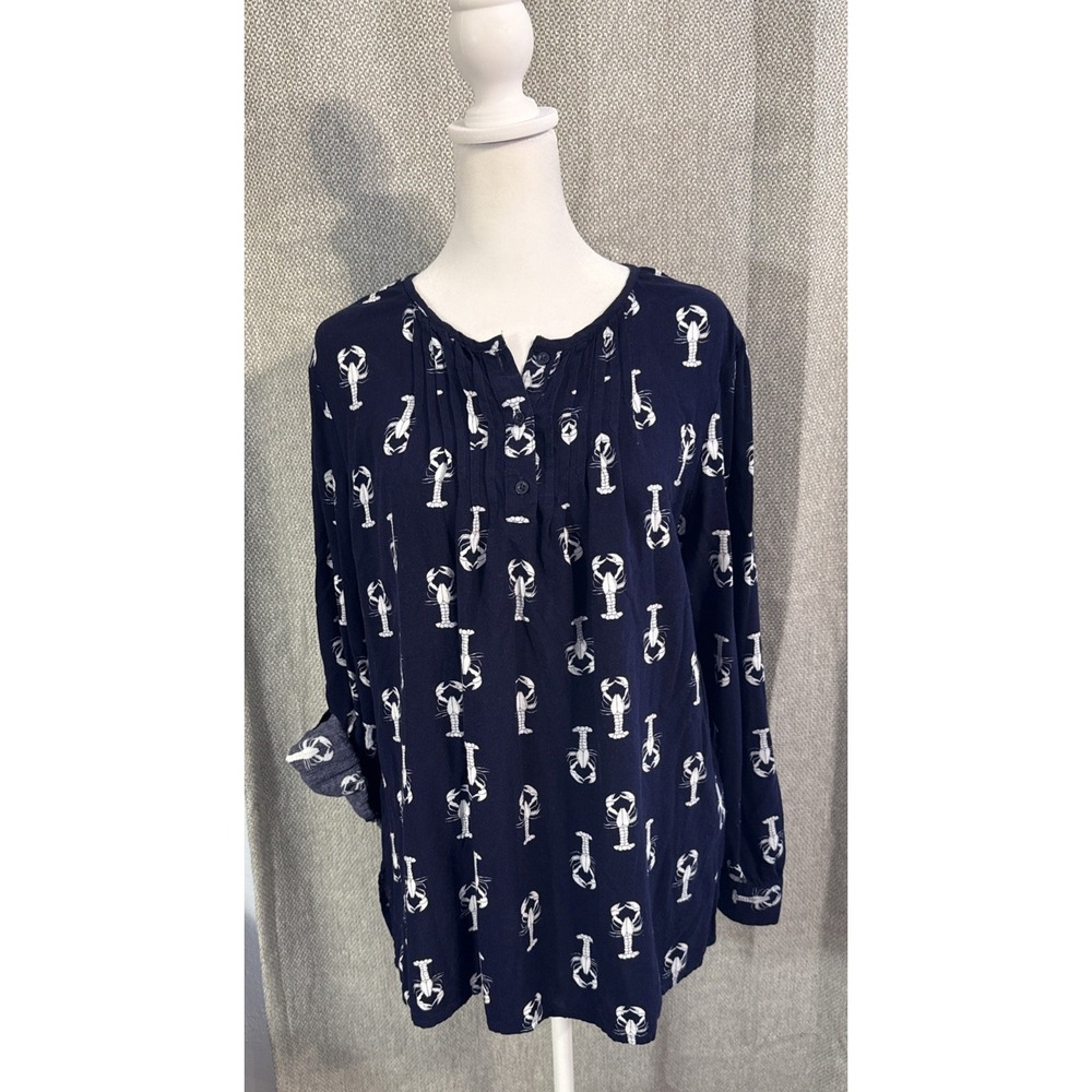 Studio West Apparel Top Women's Large Blue Lobster Print Cape Cod Coastal Flowy